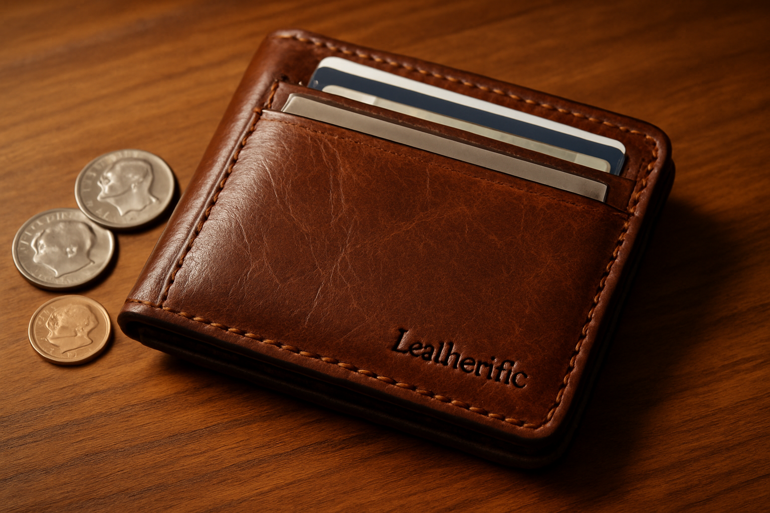 Full-grain leather wallet with subtle “Leatherific” embossing resting on a warm wooden desk, showing rich natural grain, patina, fine stitching, and partially visible cards and coins under soft warm lighting