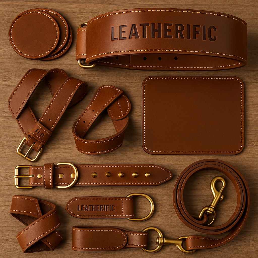 Luxury matching leather gift set by Leatherific featuring handmade leather coasters, mousepad, weightlifting belt, wrist straps, spiked dog collar, and leash with subtle Leatherific embossed branding