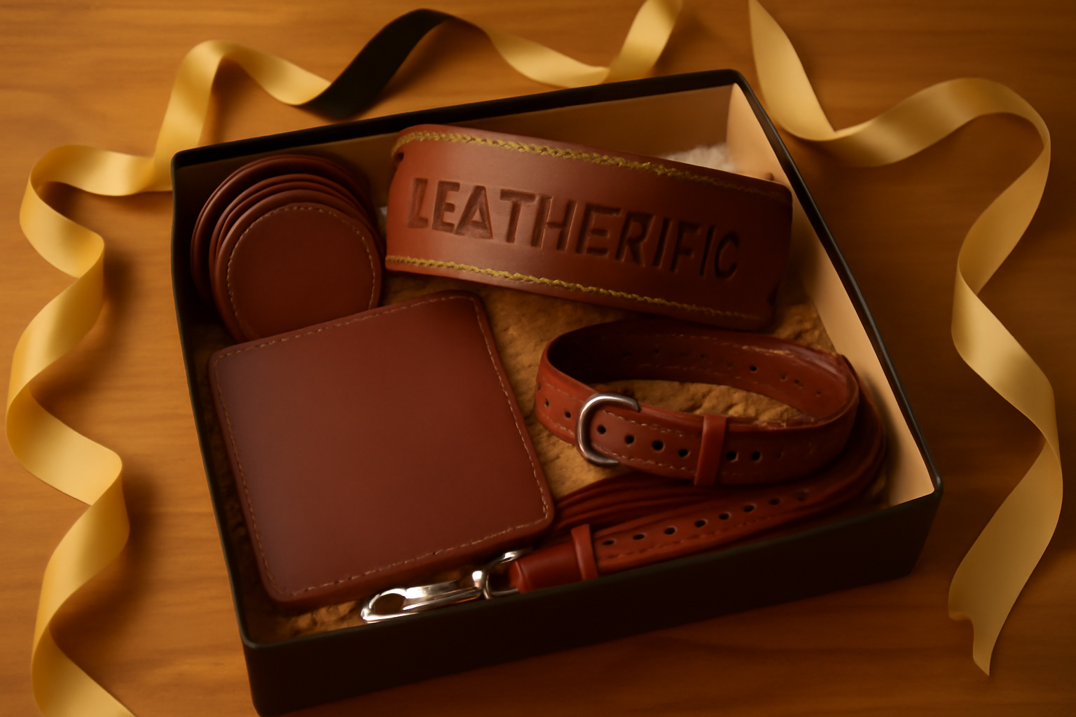 Elegant Leatherific gift display featuring handmade leather coasters, an extra‑wide “Leatherific” embossed weightlifting belt, a square leather mousepad, a premium double‑studded leather dog collar, and a matching leather leash arranged in an open gift box on a warm wooden table with ribbon.