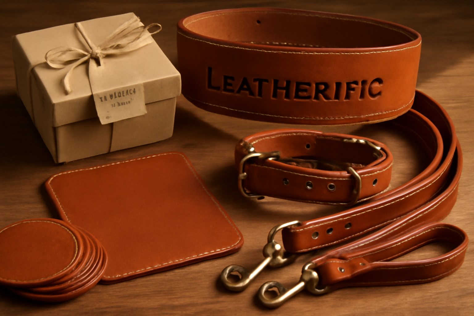 Sustainable Leatherific gift display with handmade leather coasters, extra‑wide “Leatherific” embossed weightlifting belt, square leather mousepad, dual‑row studded leather dog collar, and matching leather leash arranged with a recyclable kraft gift box, twine, and a “Sustainable Gift” tag on a warm wooden table.
