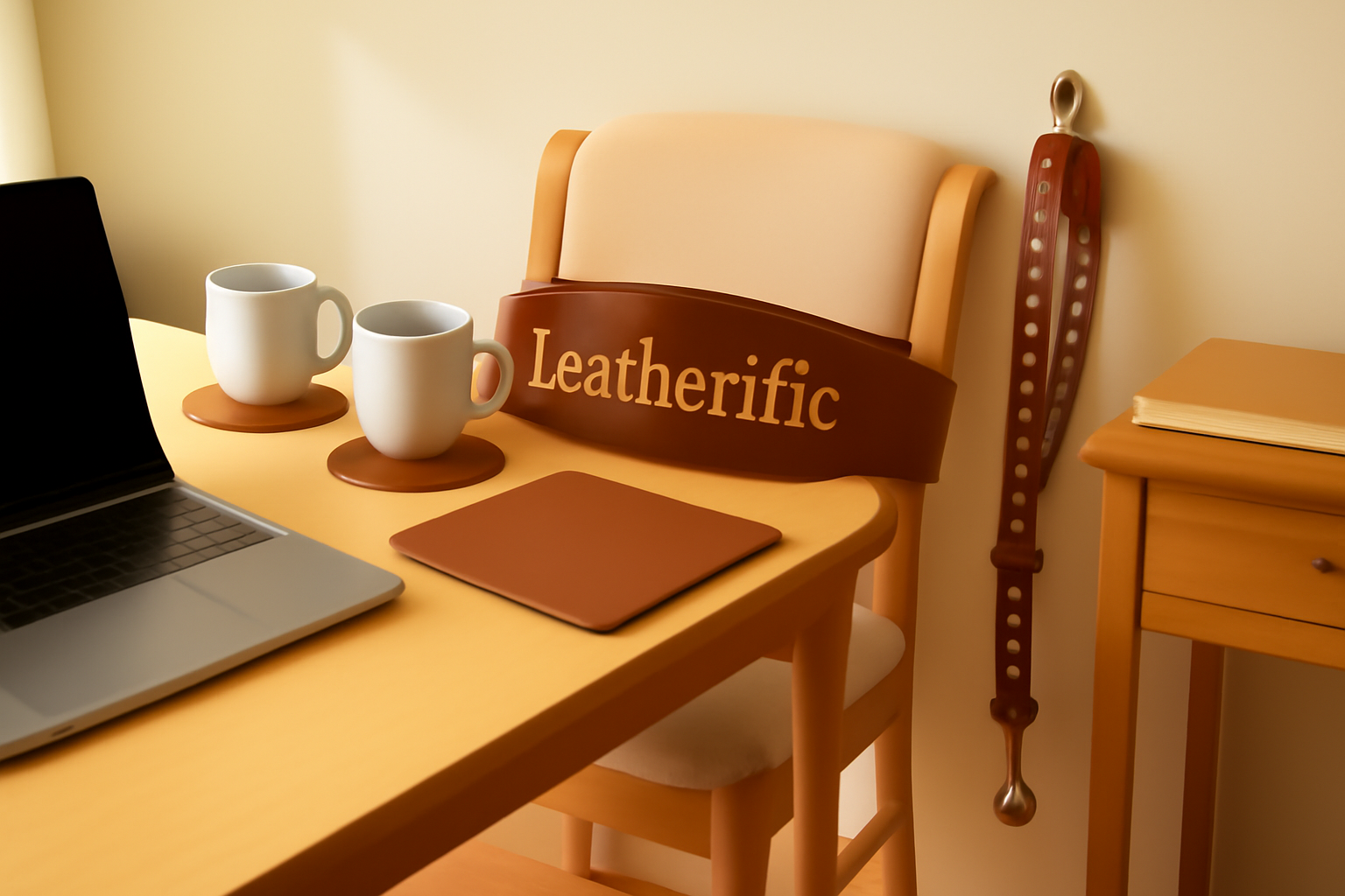 Elegant everyday scene featuring Leatherific handmade leather coasters, a square leather mousepad by a laptop, a premium leather dog collar with dual-row studs and matching leash on a hook, and an extra‑wide weightlifting belt with clearly embossed “Leatherific” branding draped on a chair in warm natural light.