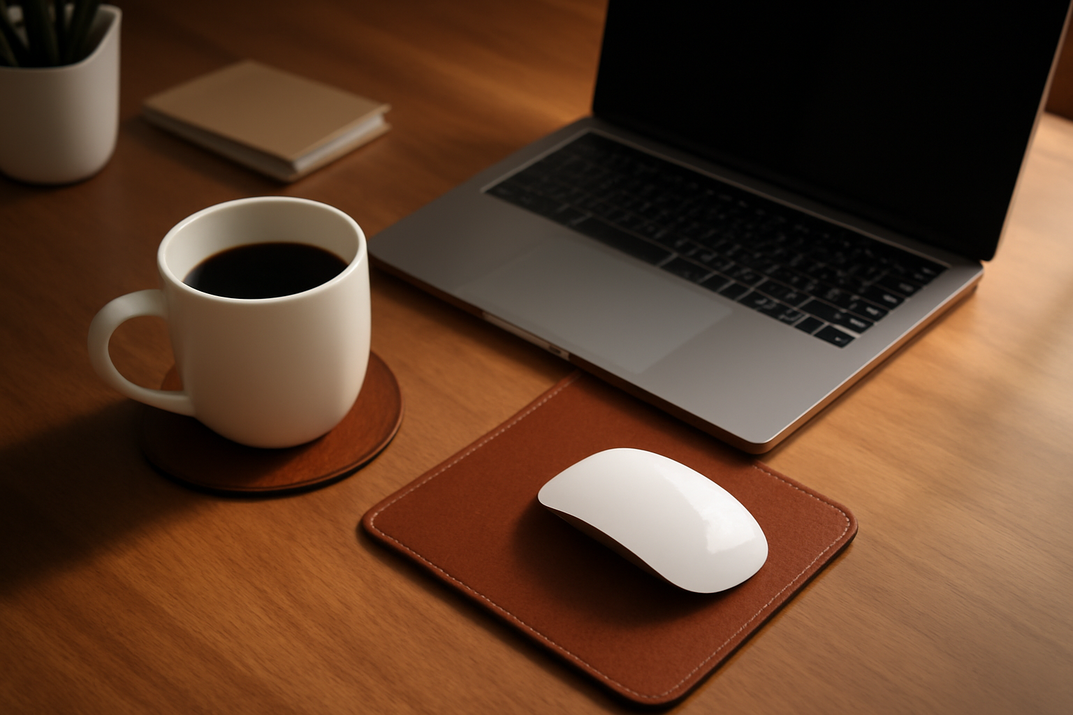Modern, minimalist office desk with Leatherific handmade full‑grain leather coasters under a coffee cup and a sleek square leather mousepad beside a laptop, shown in warm natural light to emphasize texture and craftsmanship