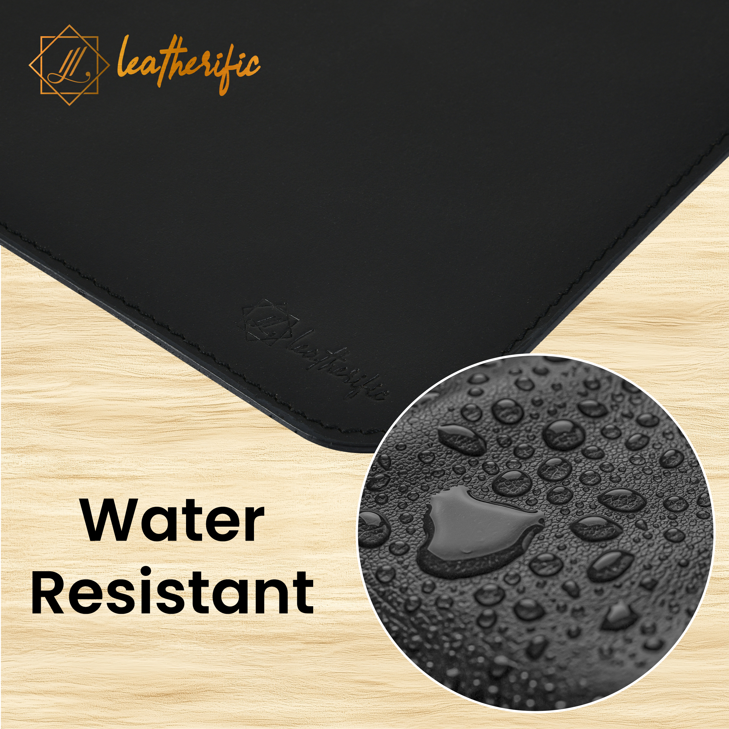 Water droplets resting on the surface of a Leatherific leather mouse pad, demonstrating its water-resistant protection.