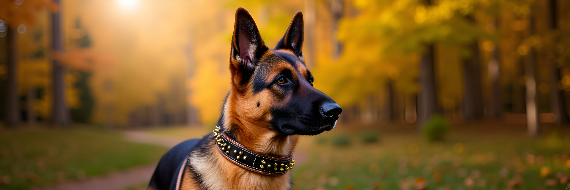 A German Shepherd wearing a premium black leather spiked collar by Leatherific, standing outdoors in a park with golden autumn leaves, showcasing a blend of durability, protection, and elegant craftsmanship.