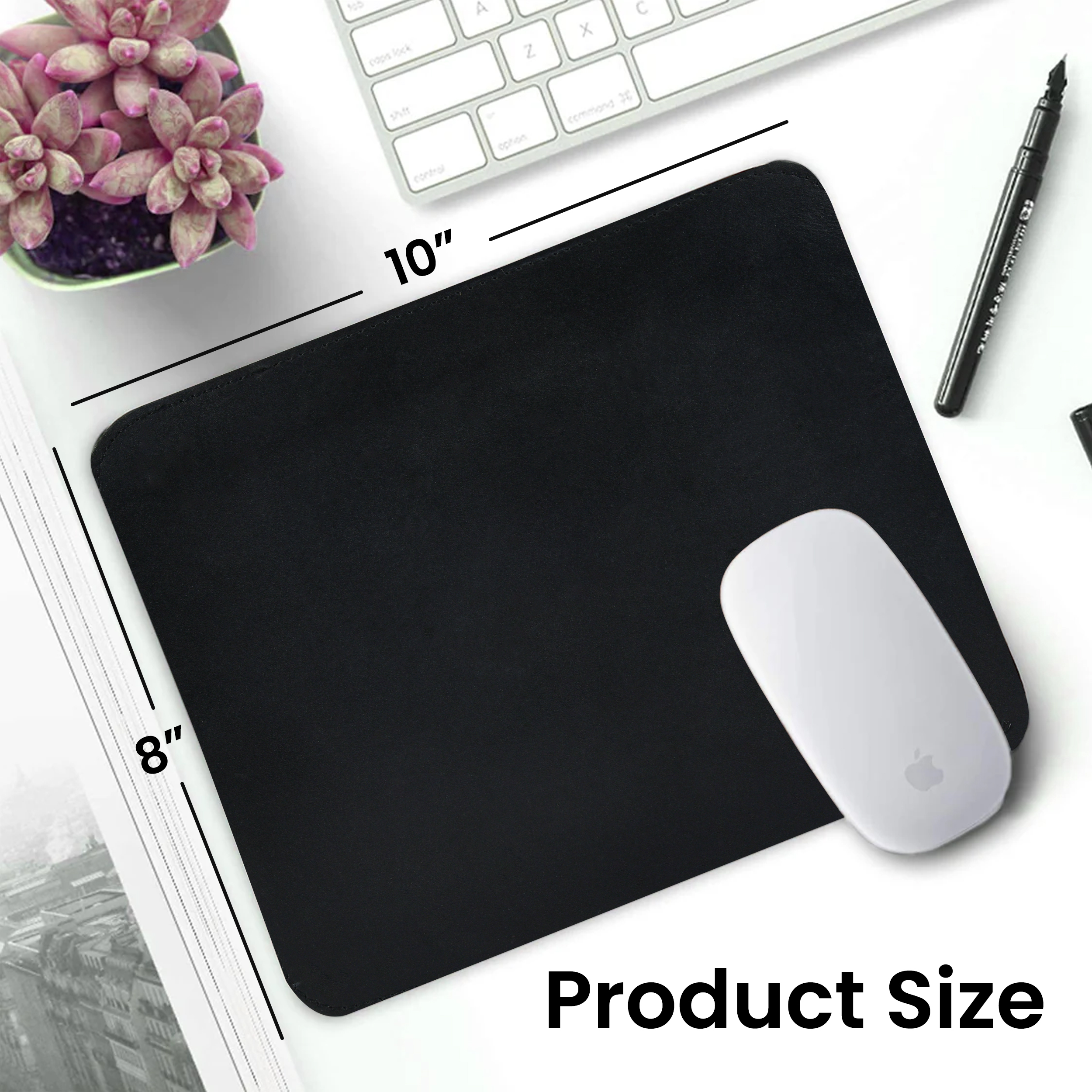 Leatherific leather mouse pad in an 8×10 size displayed on a desk surface, highlighting its compact, smooth working area.