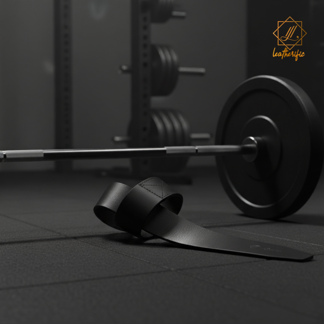 Premium black leather weightlifting wrist straps by Leatherific placed beside a loaded barbell in a gym setting, showcasing durability, strength, and luxury craftsmanship.