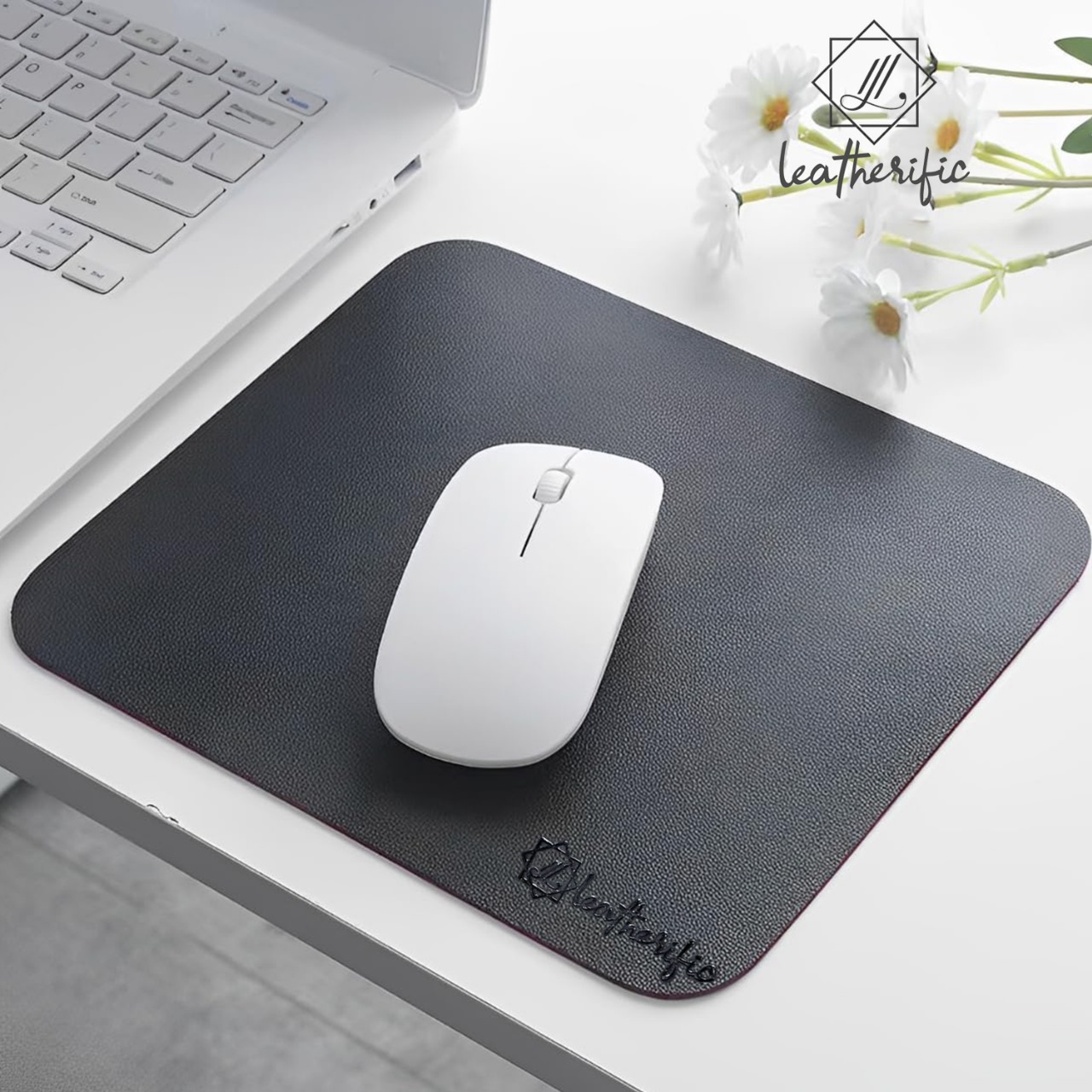 Elegant handmade leather office essentials including mousepads, coasters, and desk accessories arranged on a modern workspace, showcasing Leatherific’s premium craftsmanship.