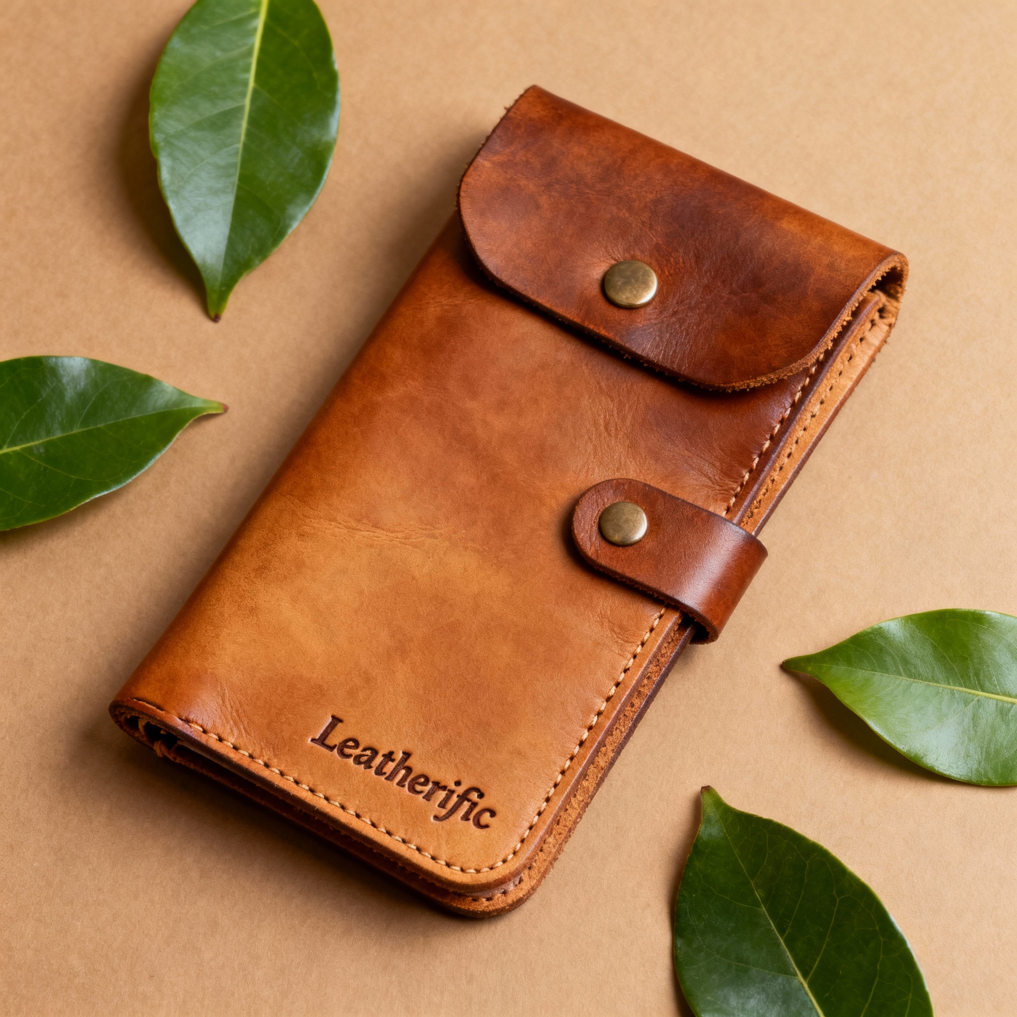 Eco-friendly handmade leather products including a weightlifting belt, wrist straps, spiked dog collar, double handle leash, coasters, and mousepads, displayed on a natural surface with sustainable elements, representing Leatherific’s commitment to responsible craftsmanship.
