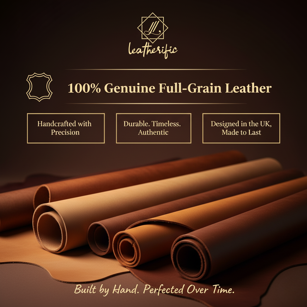 Leatherific promotional image showcasing rolls of 100% genuine full-grain leather in warm brown tones with text highlighting “Handcrafted with Precision,” “Durable. Timeless. Authentic,” and “Designed in the UK, Made to Last” representing premium handmade leather craftsmanship.
