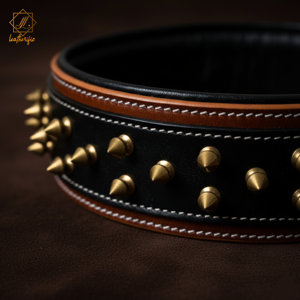 Close-up of Leatherific genuine leather spiked dog collar featuring black and brown leather with golden metal spikes showcasing premium handmade craftsmanship, durability, and bold design for stylish dogs.