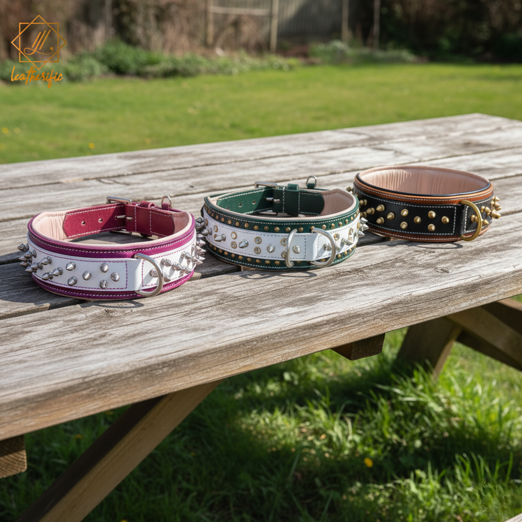 Leatherific spiked leather dog collars in multiple colors placed on an outdoor garden table, showcasing metal studs and premium leather texture.