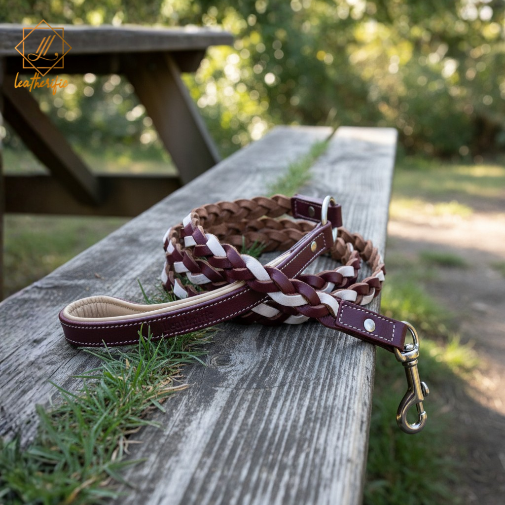 A Leatherific double-handle leather dog leash displayed on a garden bench, showcasing its durable build and dual-grip design.