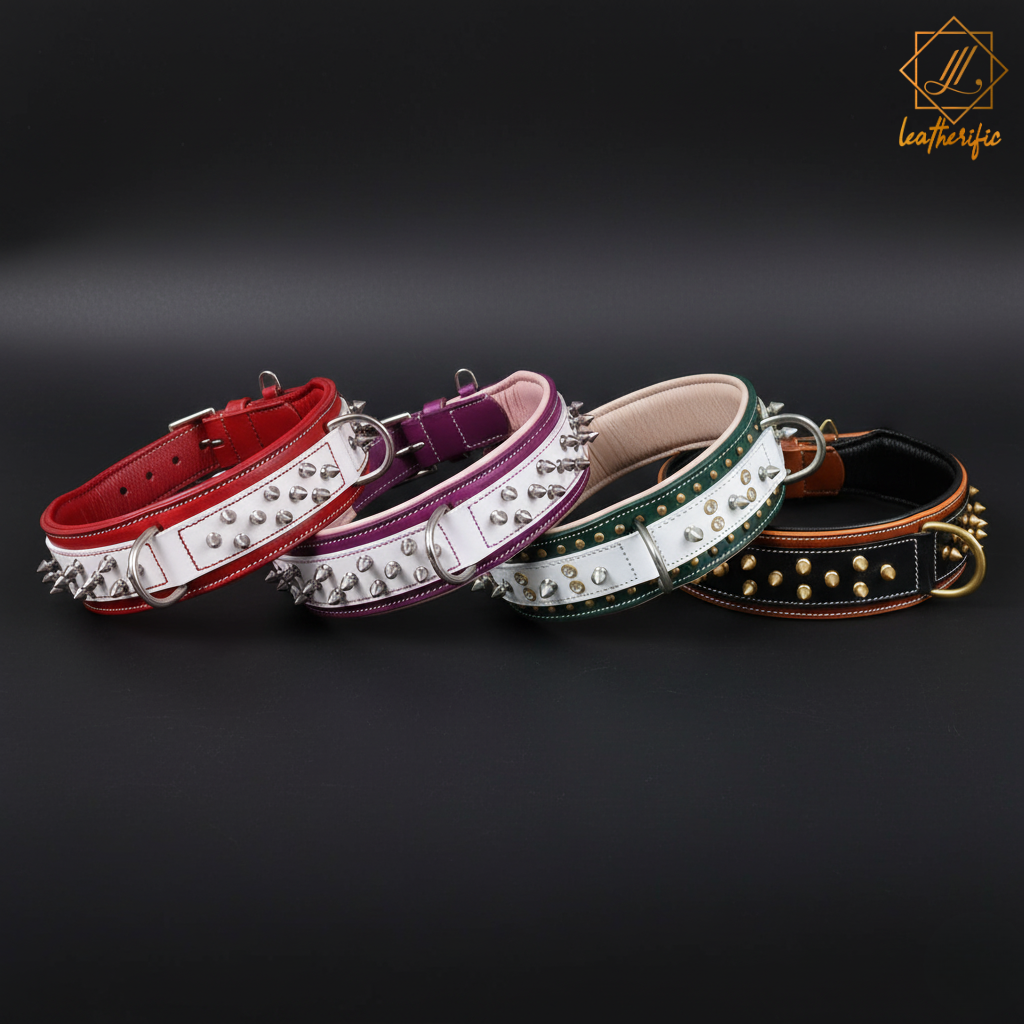 Four colorful Leatherific spiked leather dog collars arranged together, showcasing metal studs, strong buckles, and bold color options.