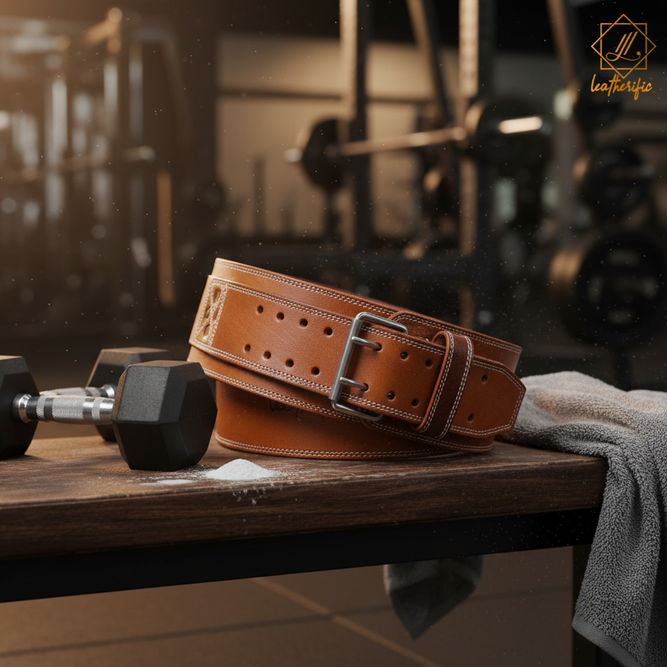 Premium Leatherific genuine leather weightlifting belt placed on a gym bench beside a dumbbell showcasing durable craftsmanship, strength, and style for serious lifters.