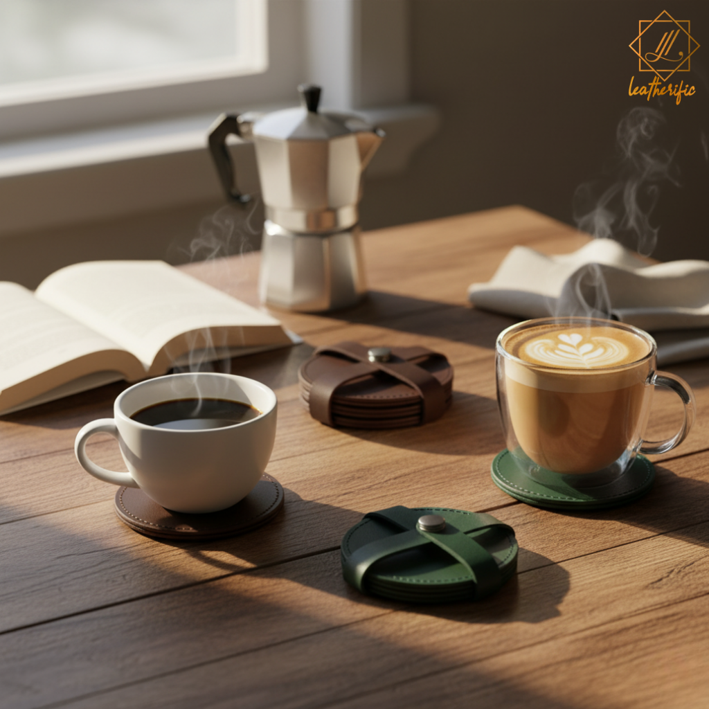 A warm tabletop scene with steaming coffee cups placed on Leatherific green and brown leather coasters, with additional stacked coaster sets nearby.