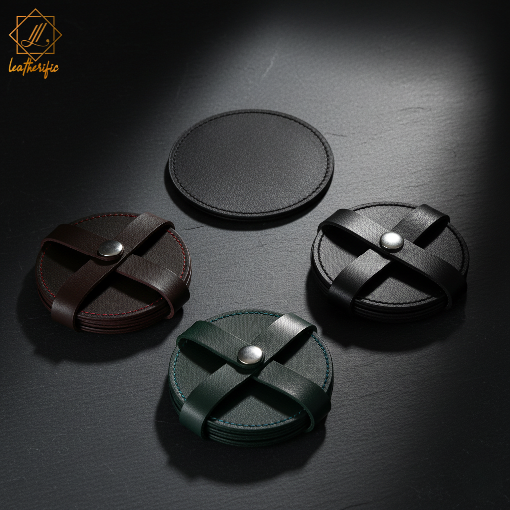 Three stacks of handcrafted Leatherific leather coasters in brown, black, and green displayed on a dark surface with one coaster placed separately.
