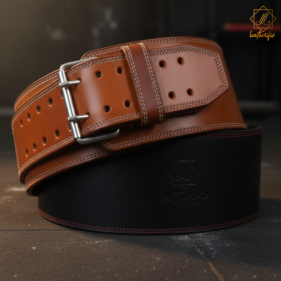 Two Leatherific premium leather weightlifting belts displayed together, featuring durable stitching and strong metal buckle support.