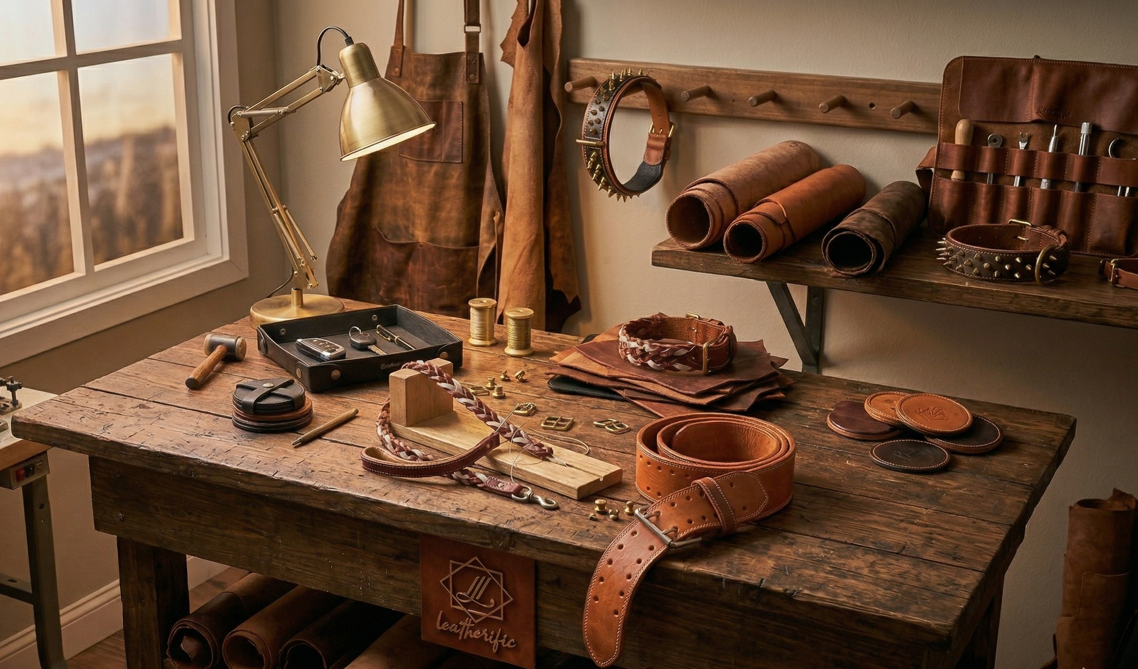 A rustic artisan workbench at the Leatherific workshop displaying premium handmade leather goods, including a custom leather weightlifting belt, braided dog leash, and black leather valet tray, surrounded by traditional crafting tools and rolls of full-grain leather.